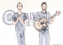 Sketch of Harry and Chris singing and playing guitar
